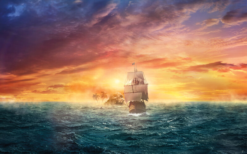 Sailing Ship at Sea — Orange, Dramatic, Sunset, Digital Art, Island