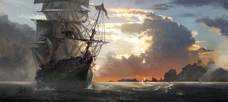 Sailing Ship at Sea — Orange, Dramatic, Sunset, Digital Art, Islands