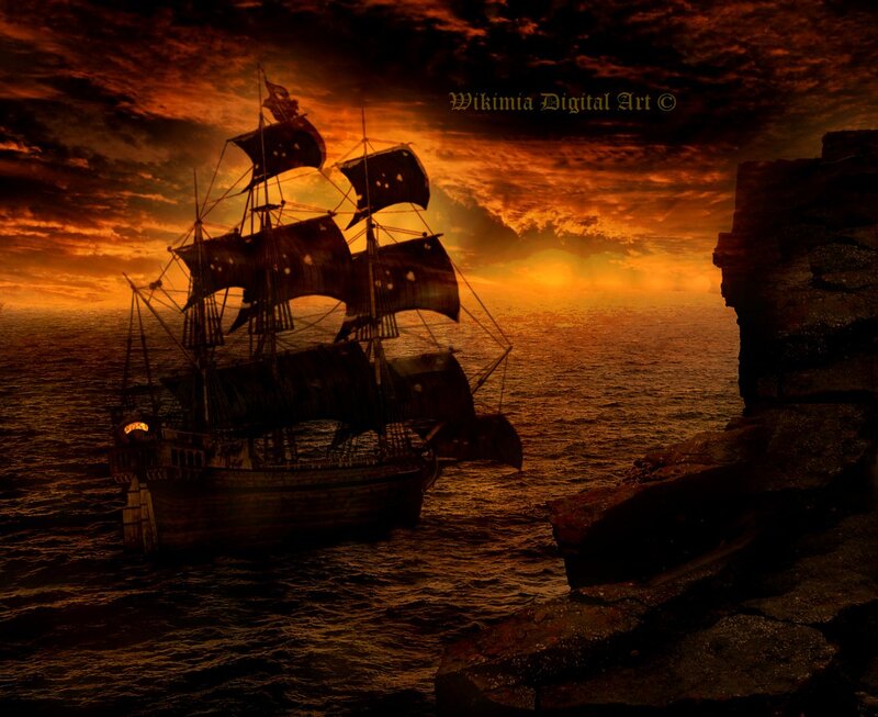 Sailing Ship at Sea — Orange, Dramatic, Sunset, Digital Art