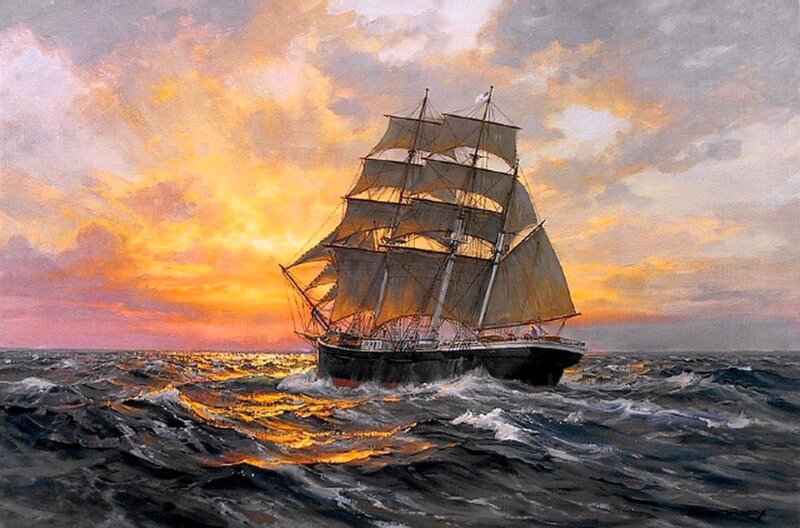 Sailing Ship at Sea — Orange, Dramatic, Sunset, Painting, Ocean