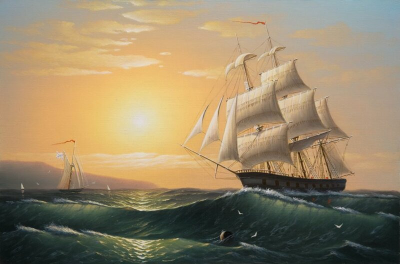Sailing Ship at Sea — Orange, Dramatic, Sunset, Painting
