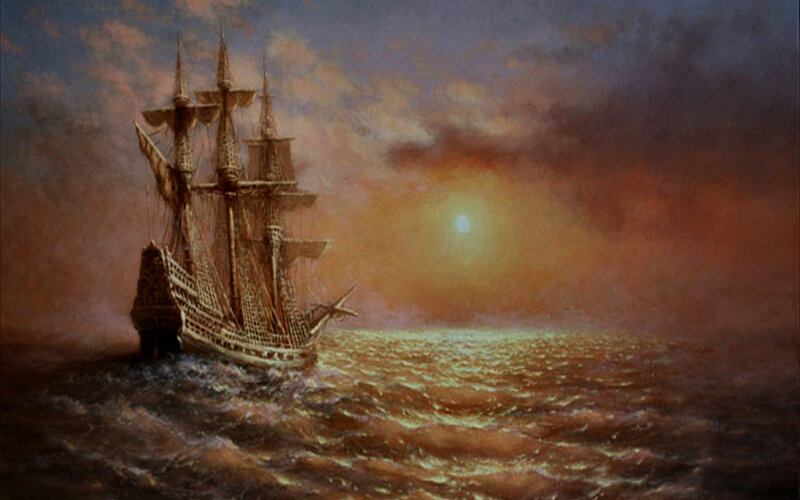 Sailing Ship at Sea — Orange, Dramatic, Sunset