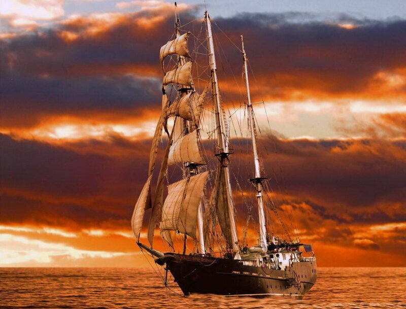 Sailing Ship at Sea — Orange, Dramatic