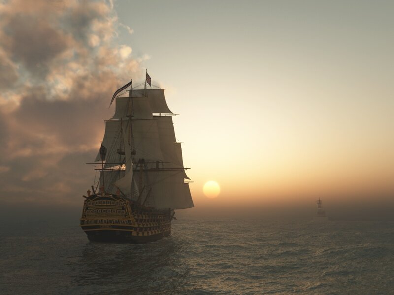 Sailing Ship at Sea — Orange, Serene, Sunset, 3d Render