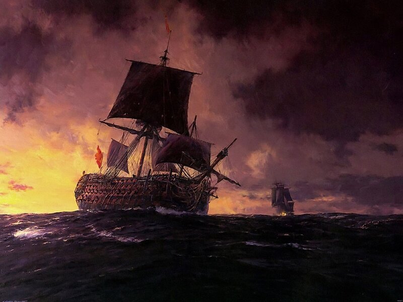 Sailing Ship at Sea — Purple, Dramatic, Sunset, Painting