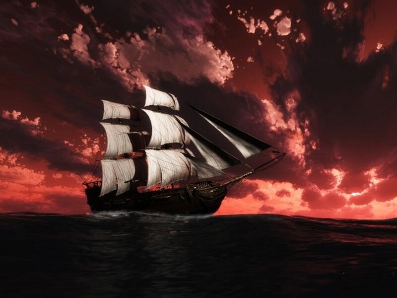 Sailing Ship at Sea — Red, Dramatic, Sunset, Digital Art