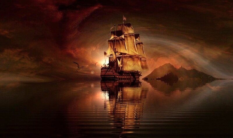 Sailing Ship at Sea — Red, Dramatic, Sunset