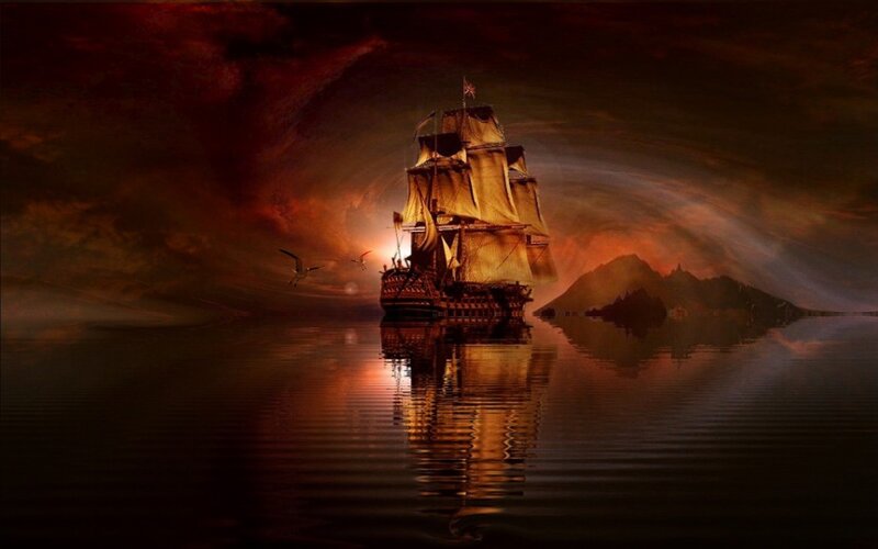 Sailing Ship at Sea — Red, Dramatic