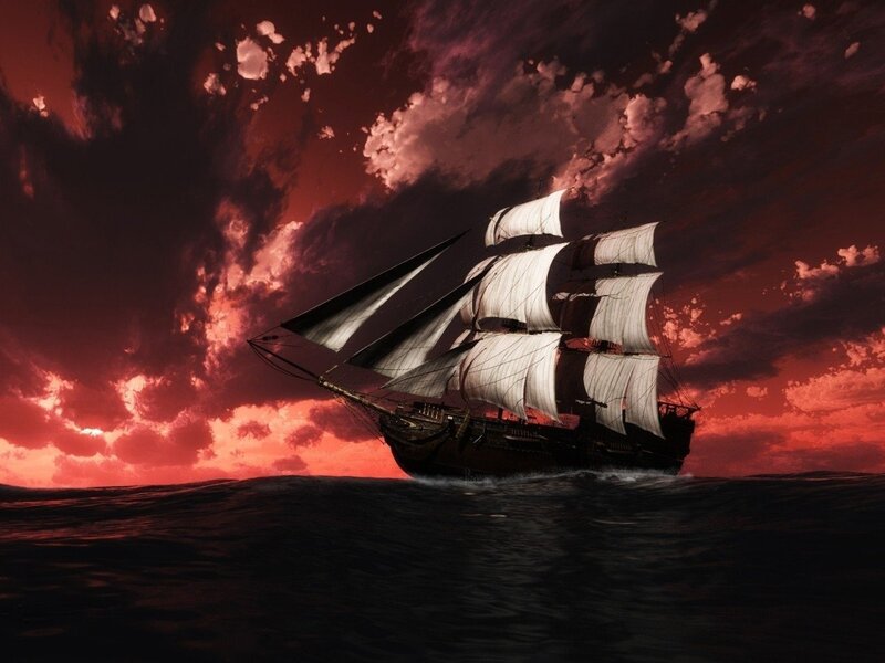 Sailing Ship at Sea — Red