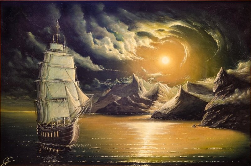 Sailing Ship at Sea — Yellow, Dramatic, Night