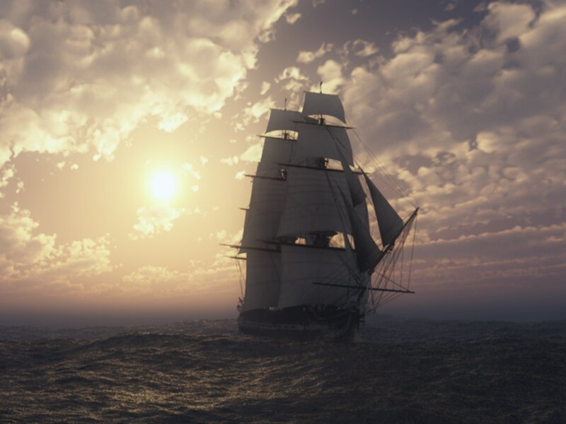 Sailing Ship at Sea — Yellow, Dramatic, Sunset, 3d Render, Sun