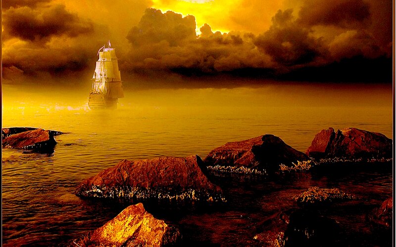 Sailing Ship at Sea — Yellow, Dramatic, Sunset, Digital Art, Rocks