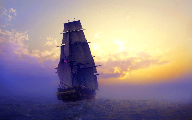 Sailing Ship at Sea — Yellow, Dramatic, Sunset, Digital Art