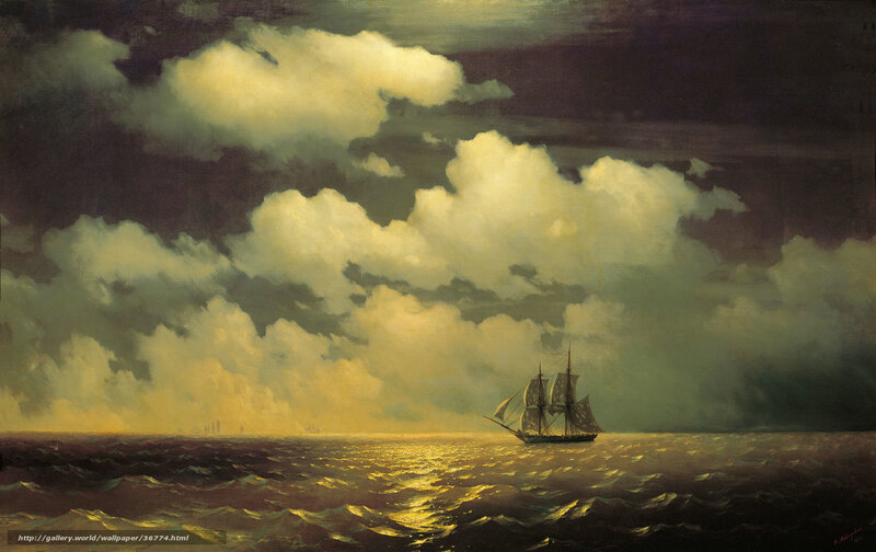 Sailing Ship at Sea — Yellow, Dramatic, Sunset, Painting, Ocean