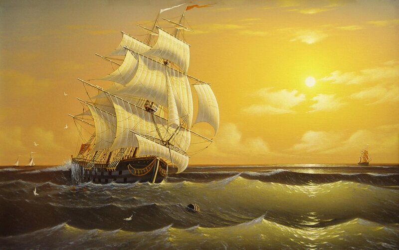 Sailing Ship at Sea — Yellow, Dramatic, Sunset, Painting