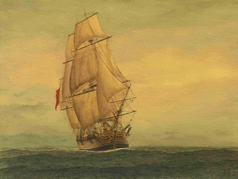Sailing Ship at Sea — Yellow, Serene, Sunset
