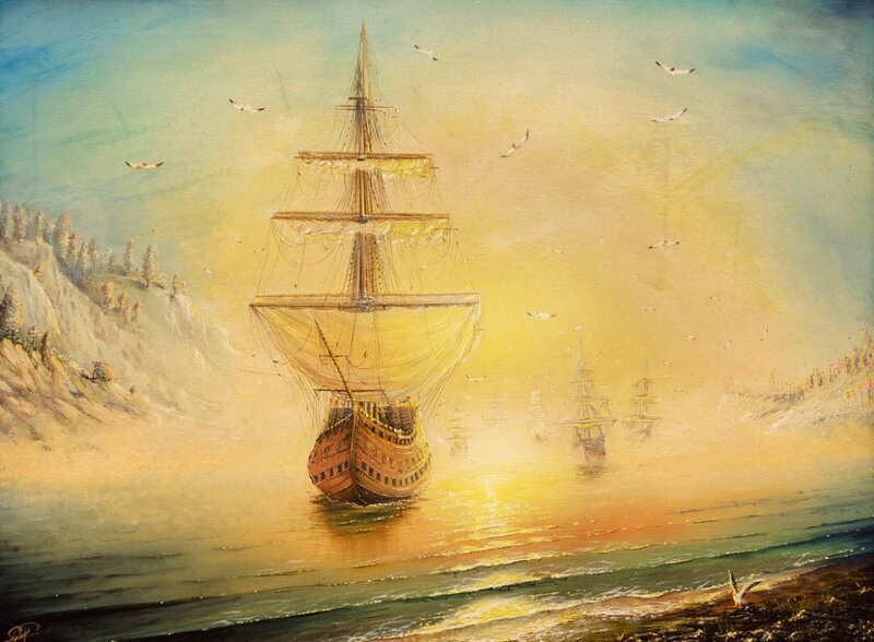 Sailing Ship at Sea — Yellow, Serene