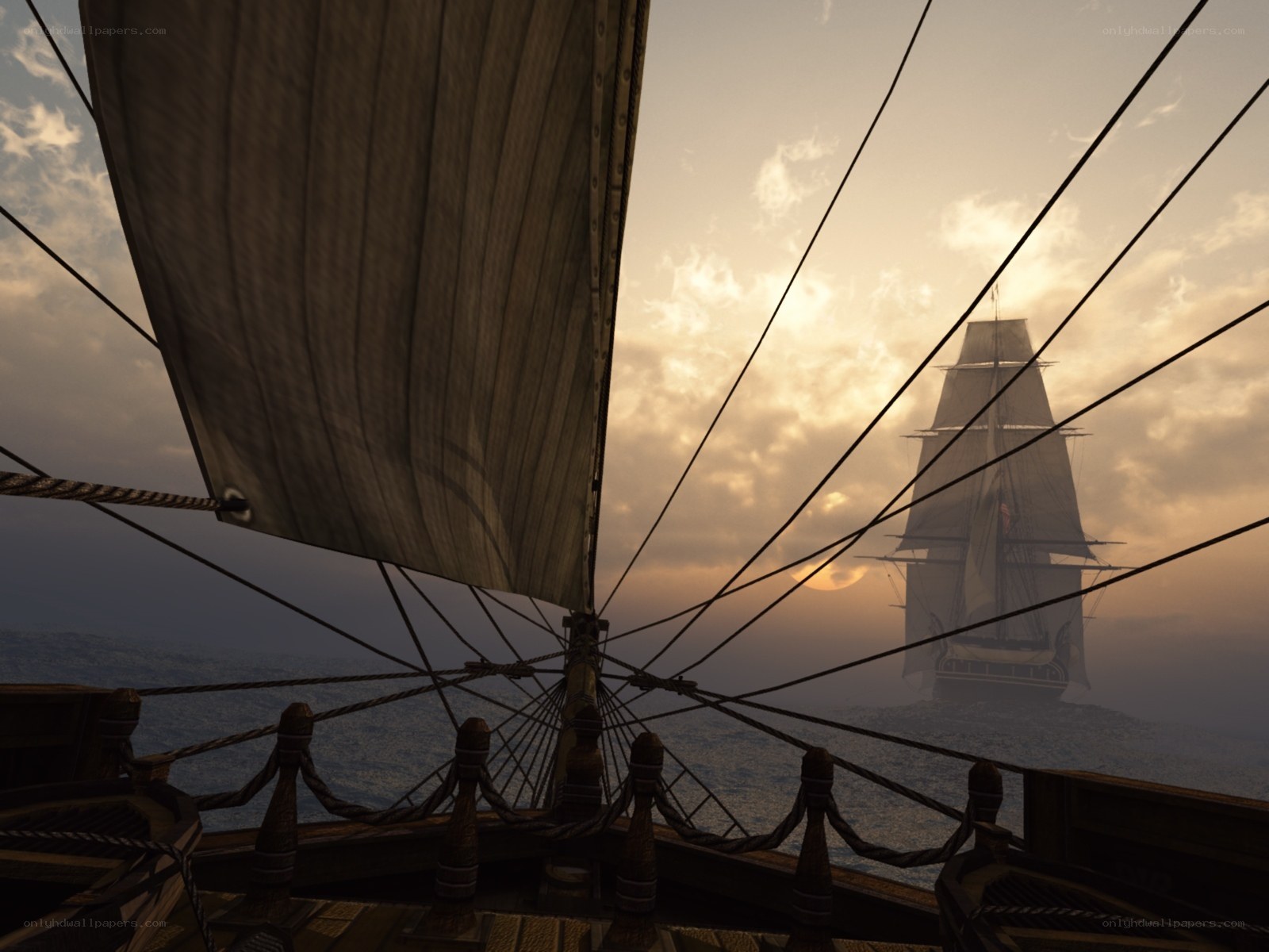 sailing ship at sunset
