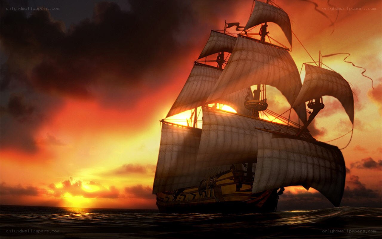 Sailing ship at sunset