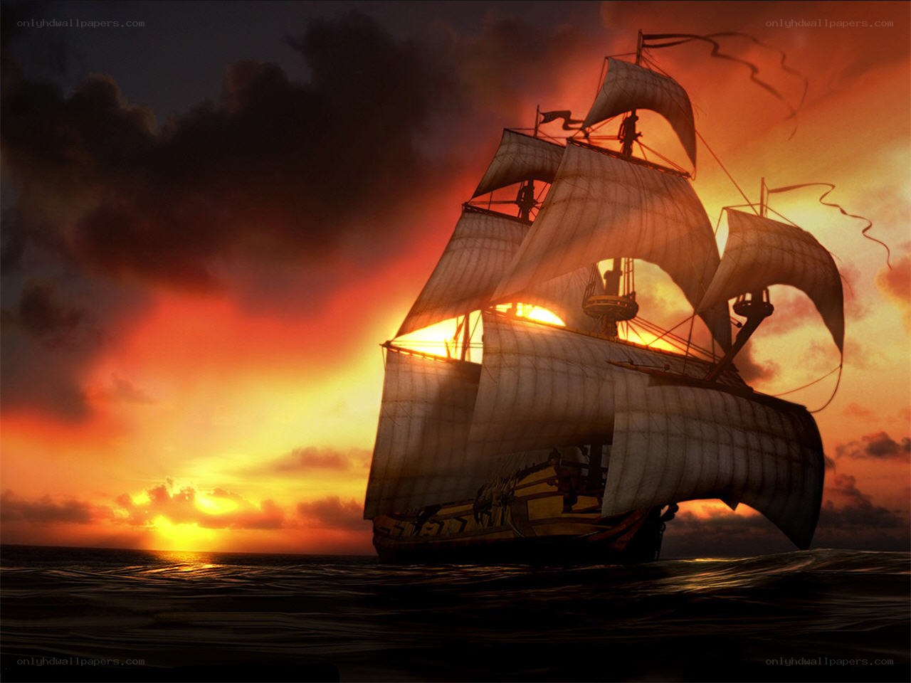 Sailing ship at sunset