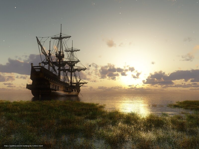 Sailing ship at sunset
