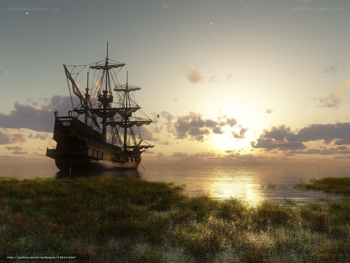 Sailing ship at sunset
