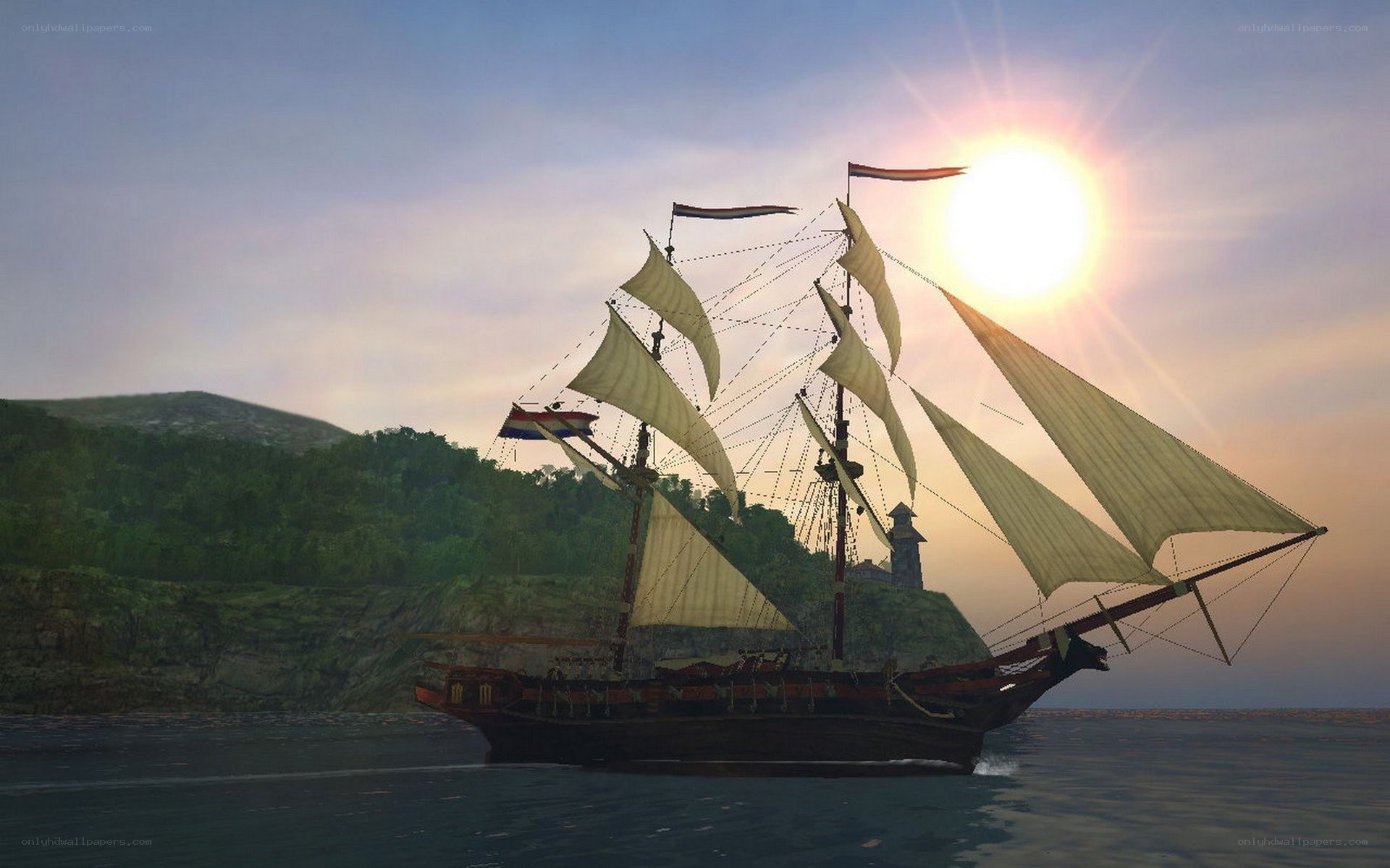 sailing ship at sunset
