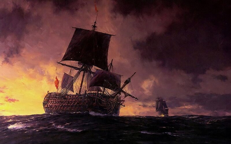 Sailing ship at sunset