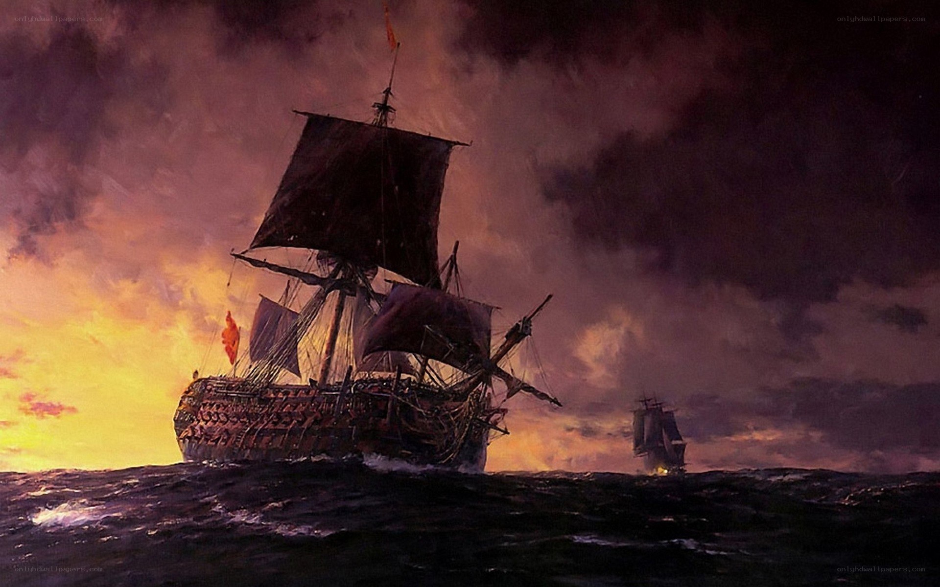 Sailing ship at sunset