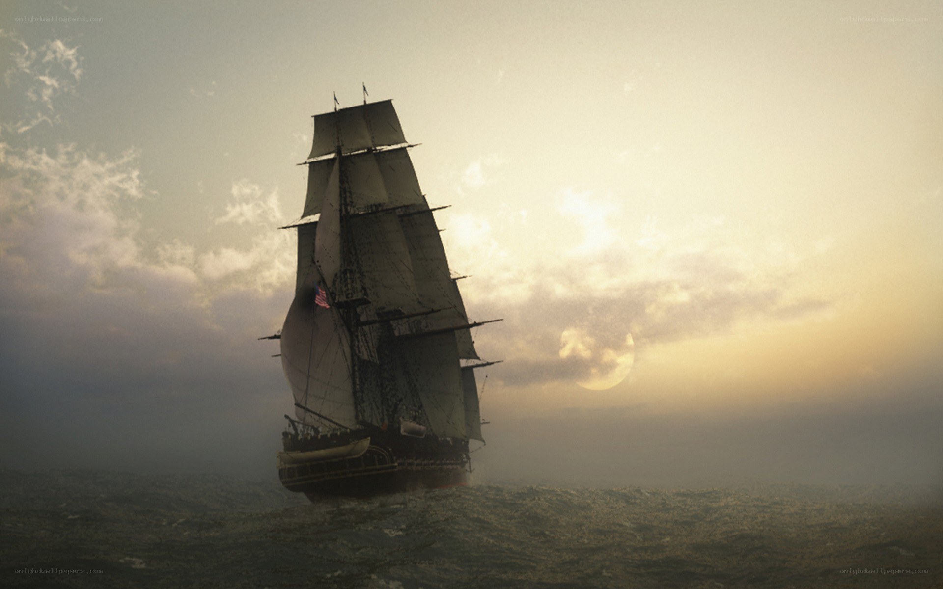 sailing ship at sunset