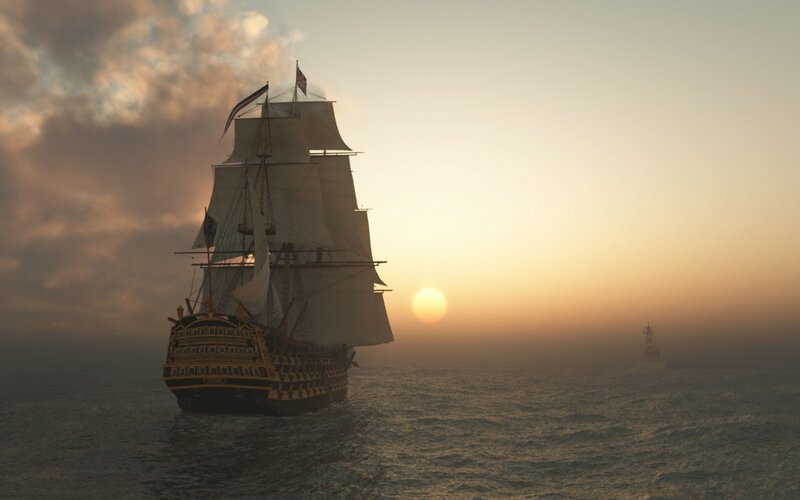 sailing ship at sunset