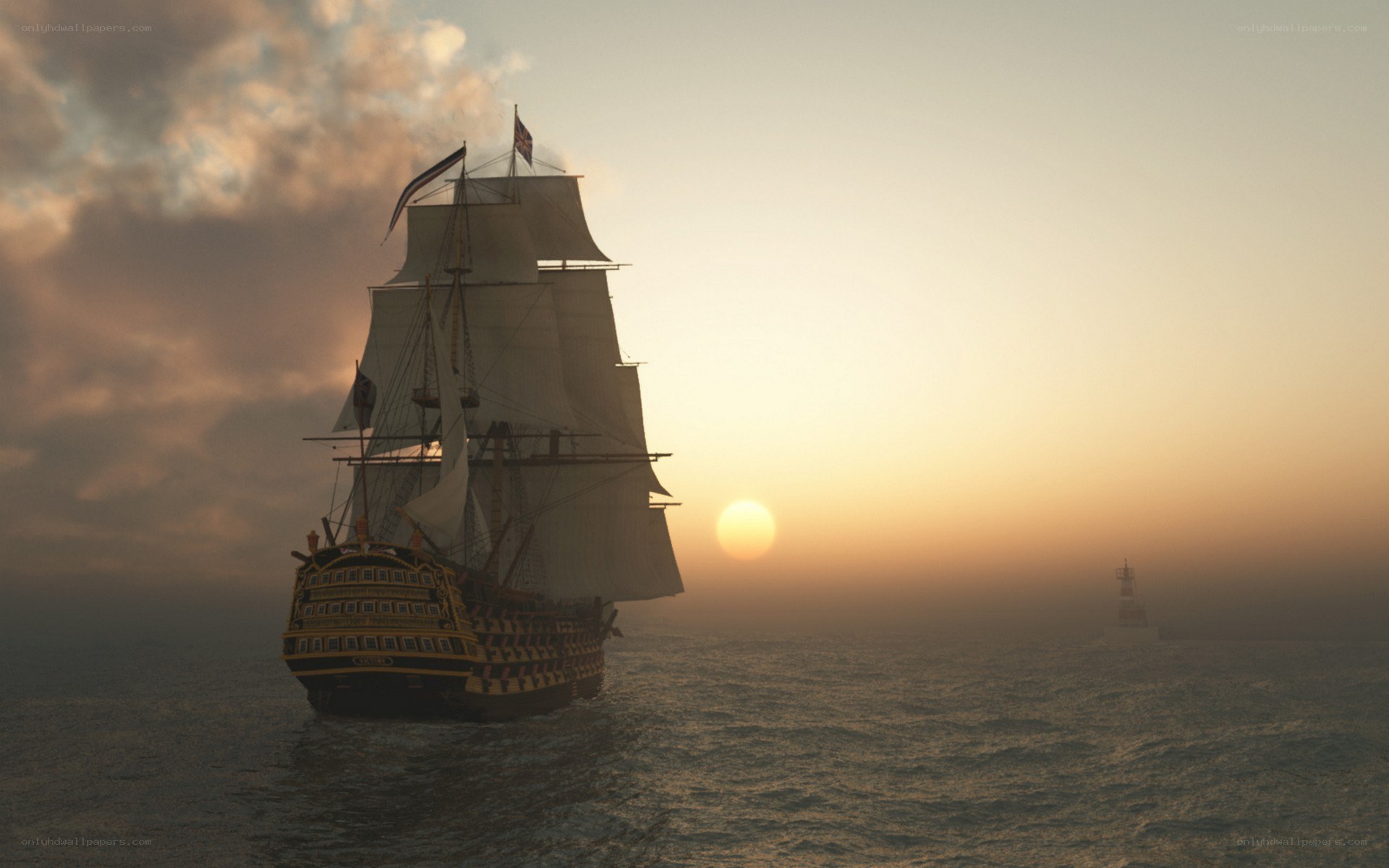 sailing ship at sunset