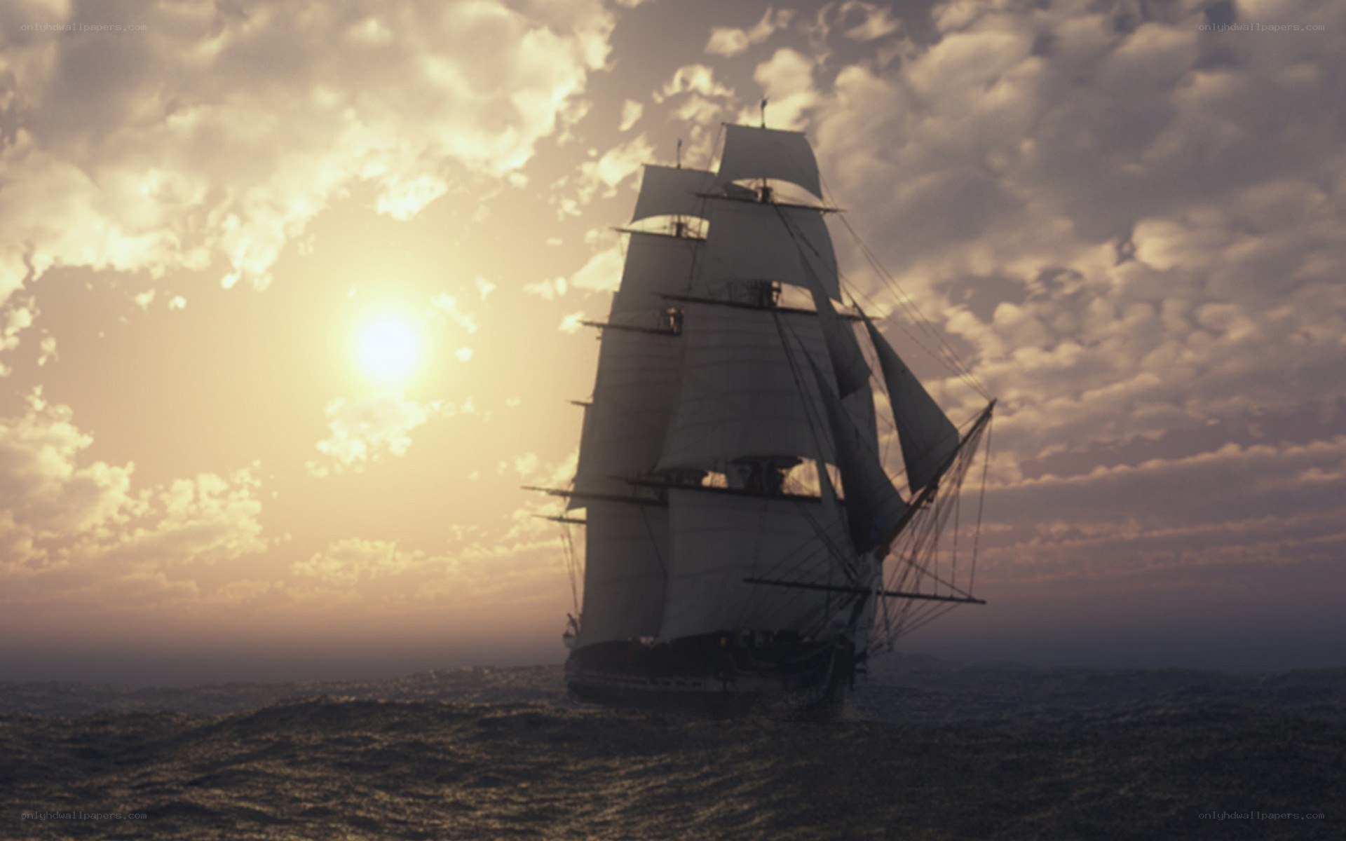 sailing ship at sunset