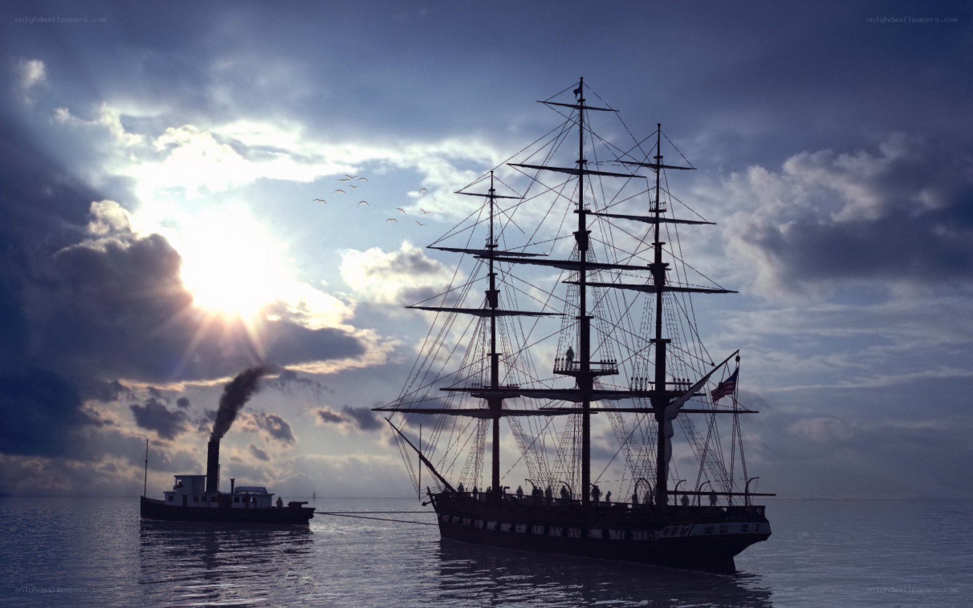 Sailing ship at sunset