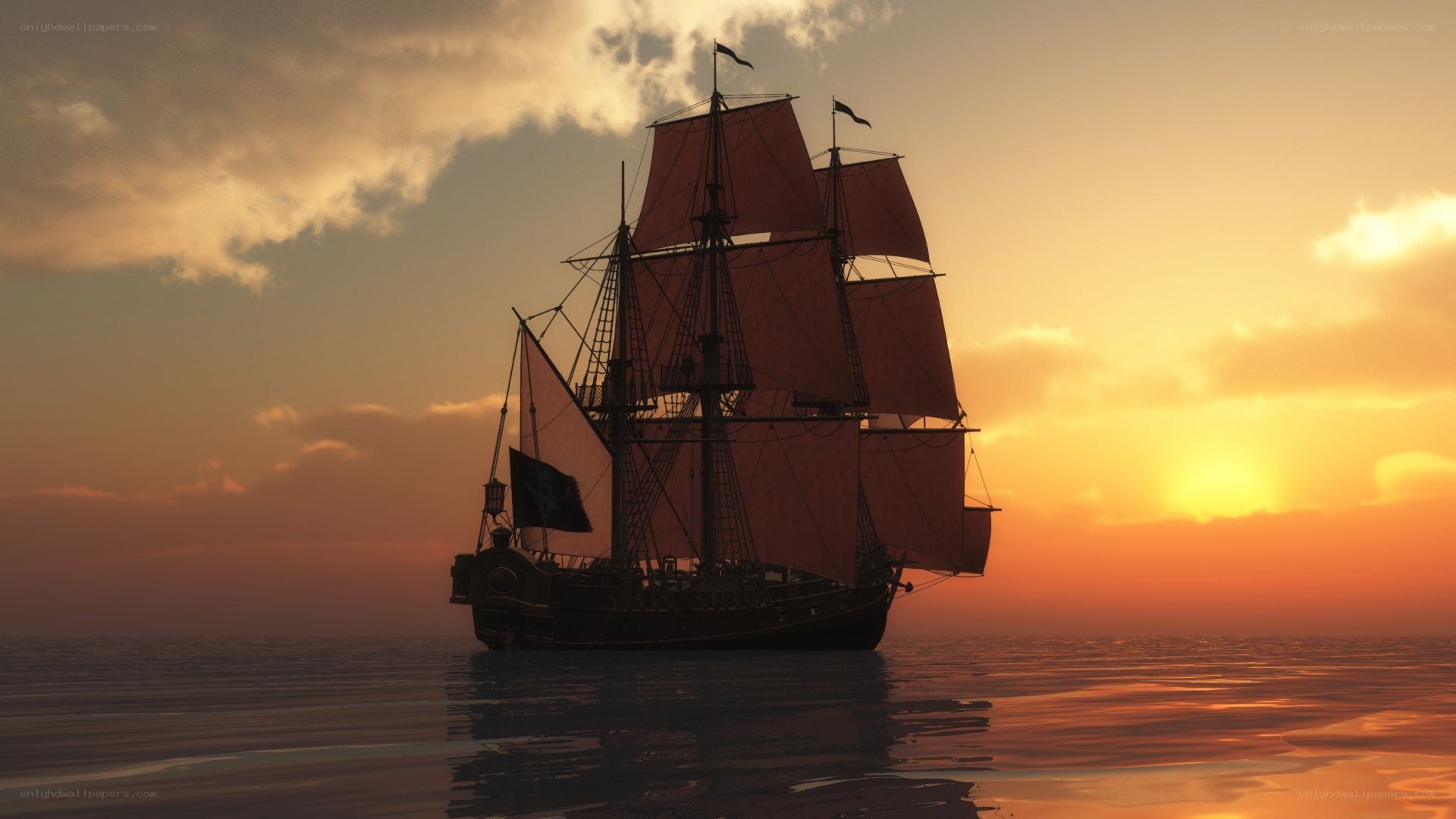 sailing ship at sunset