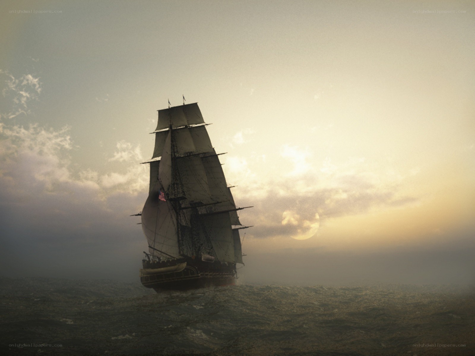 Sailing ship at sunset