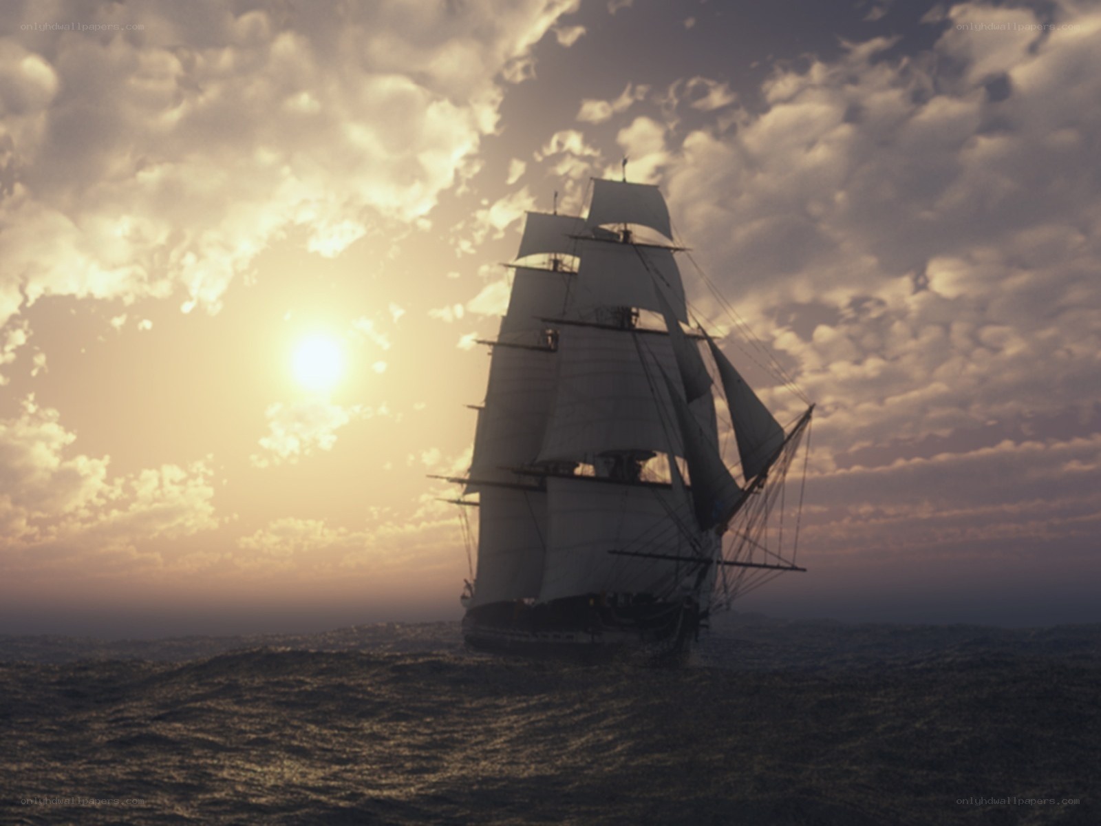 sailing ship at sunset