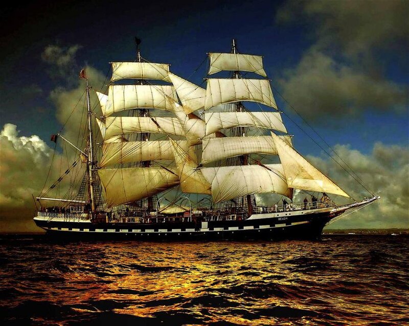 Sailing ship at sunset