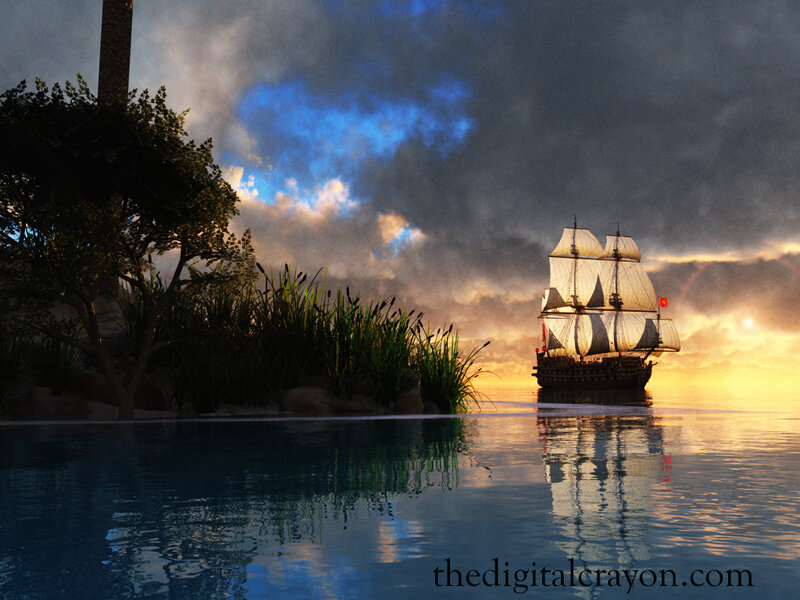 Sailing Ship at Sunset — Blue, Dramatic, Digital Art, Island