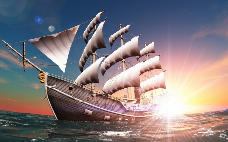 Sailing Ship at Sunset — Blue, Dramatic, Digital Art, Ocean, Sun