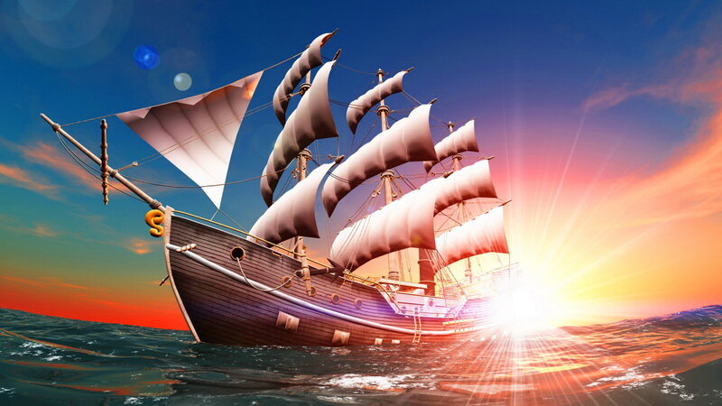 Sailing Ship at Sunset — Blue, Dramatic, Digital Art, Ocean