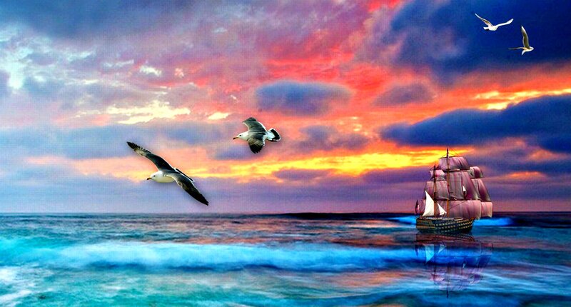 Sailing Ship at Sunset — Blue, Dramatic, Digital Art, Seagulls