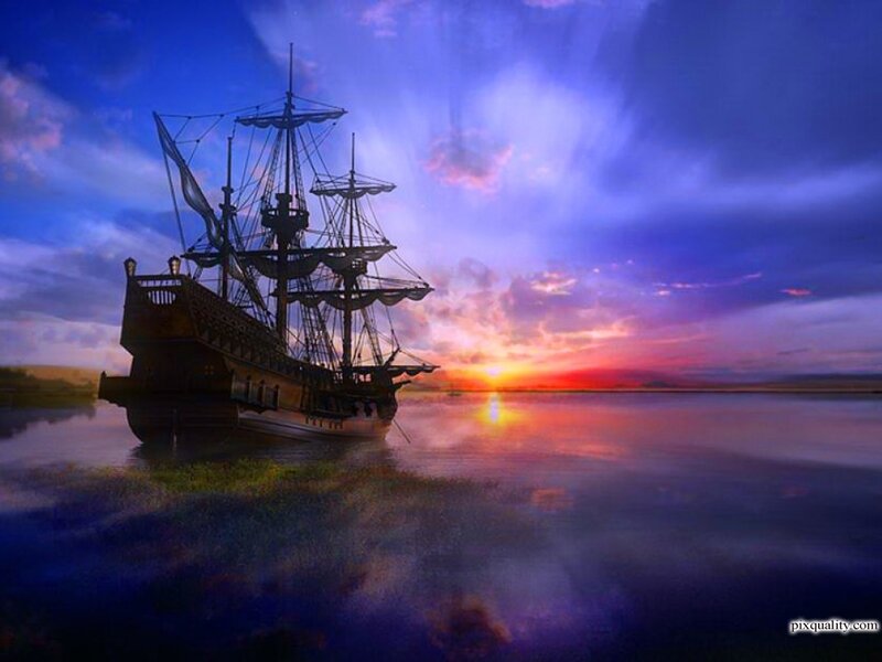 Sailing Ship at Sunset — Blue, Dramatic, Digital Art