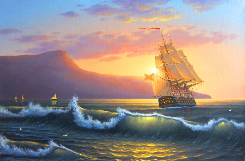 Sailing Ship at Sunset — Blue, Dramatic, Painting