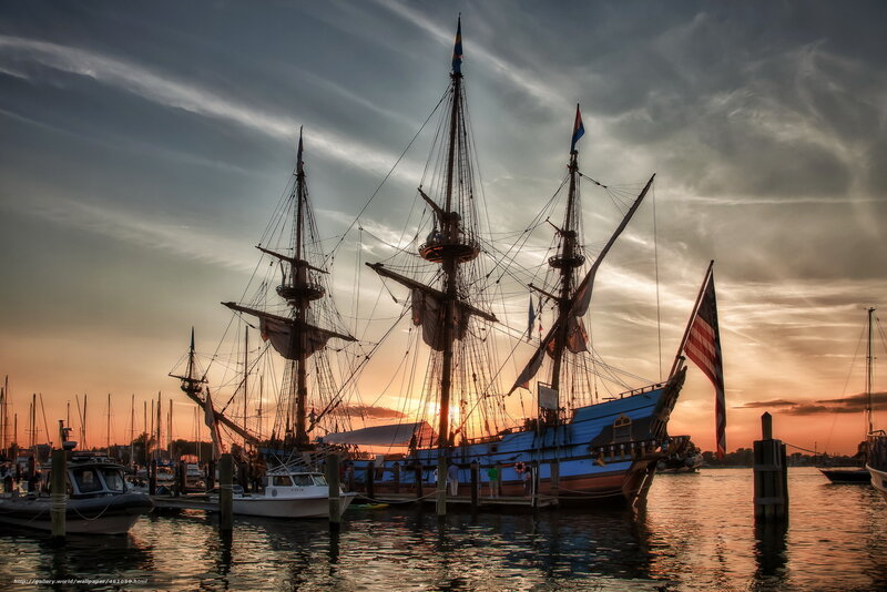 Sailing Ship at Sunset — Blue, Dramatic, Photograph, American Flag