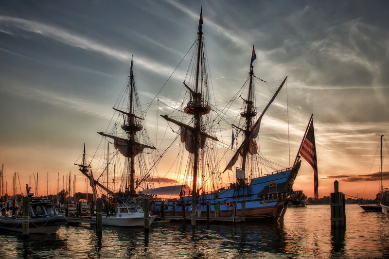 Sailing Ship at Sunset — Blue, Dramatic, Photograph, Flag