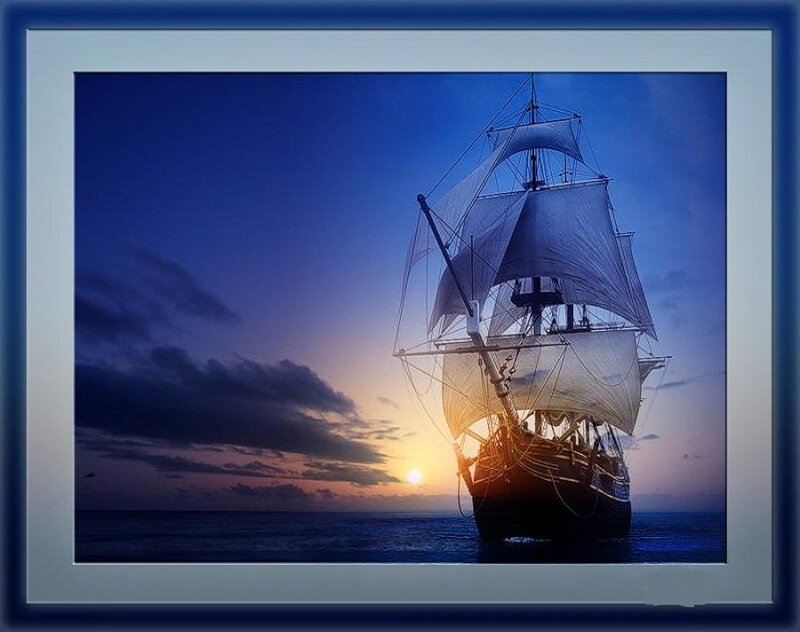 Sailing Ship at Sunset — Blue, Dramatic