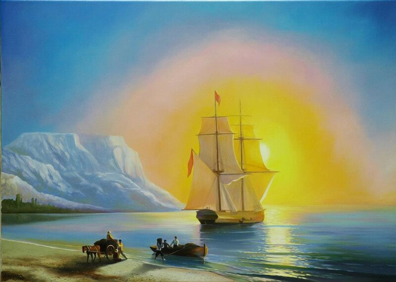 Sailing Ship at Sunset — Blue, Serene, Painting