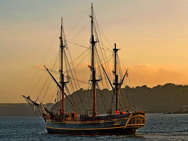 Sailing Ship at Sunset — Blue, Serene, Photograph