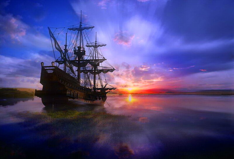 Sailing Ship at Sunset — Blue